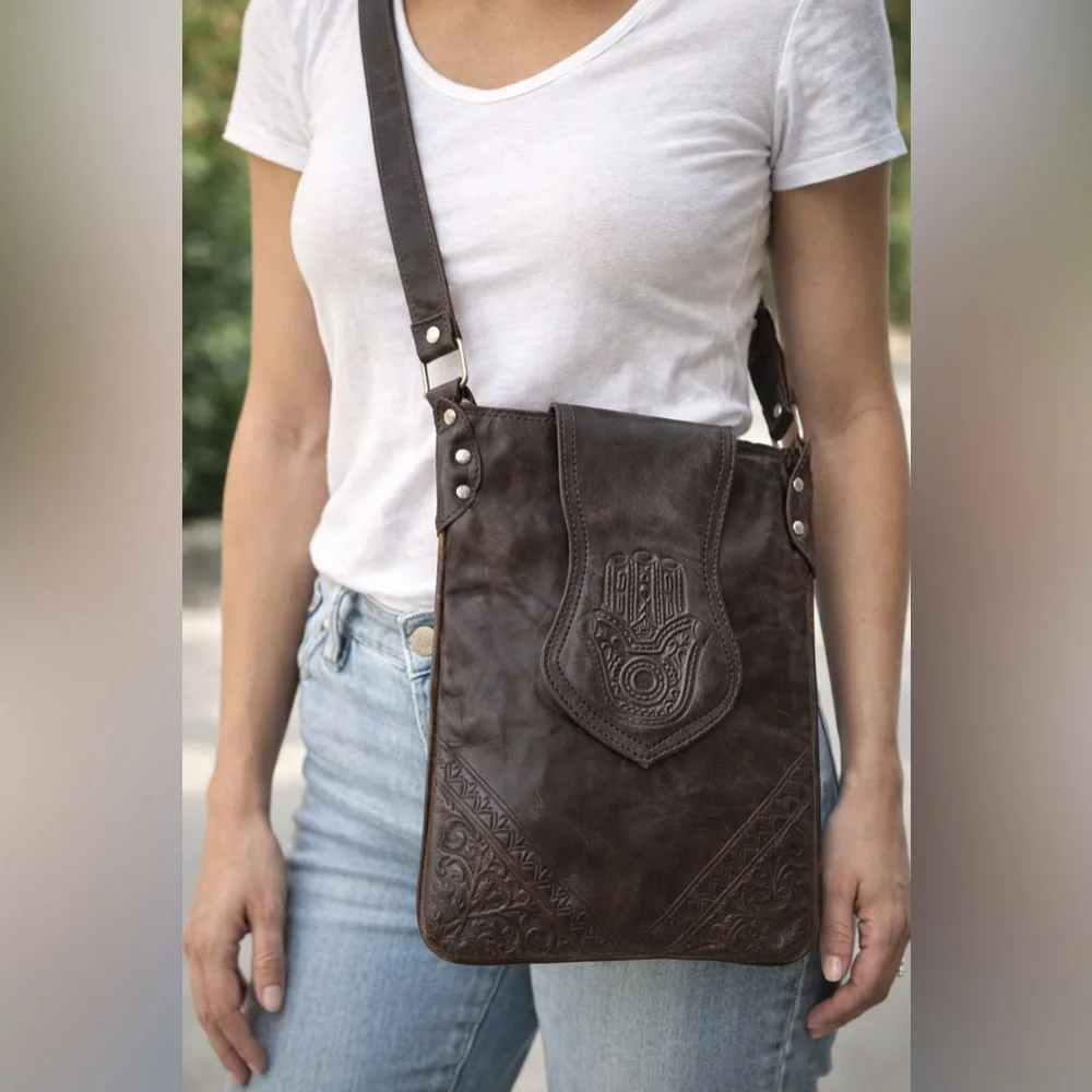 Moroccan Hand-Tooled Leather Crossbody Satchel Hamsa Hand Boho Bag - Picture 9 of 10
